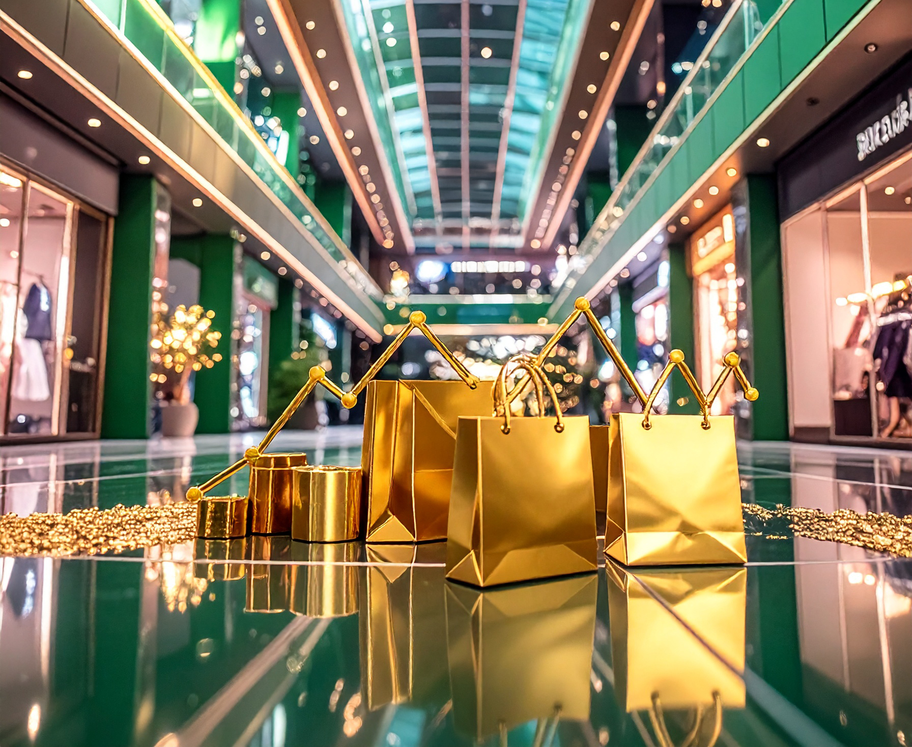 Firefly__metallic gold and green Modern shopping mall environment with gold shopping bags and 756576 copy