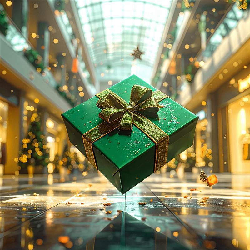 Firefly_metallic green shopping gift card floating mid-air in a modern retail mall environmen 903836 Square